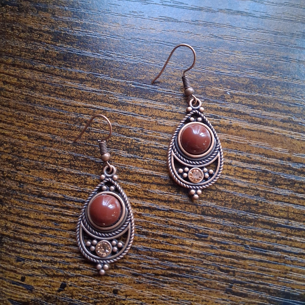 Copper Teardrop Earrings with Brown Stone